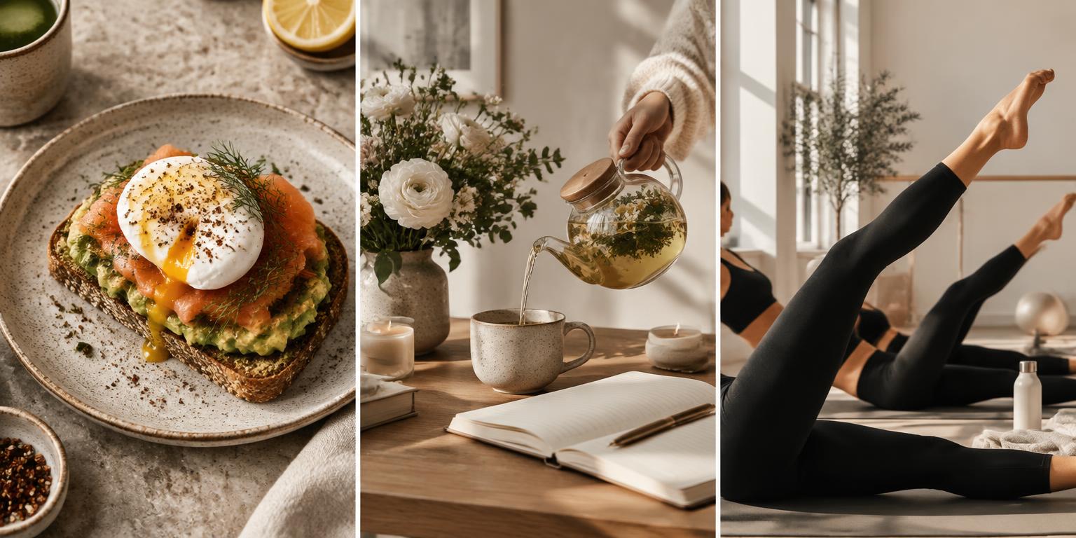 Healthy breakfast, tea and a journal